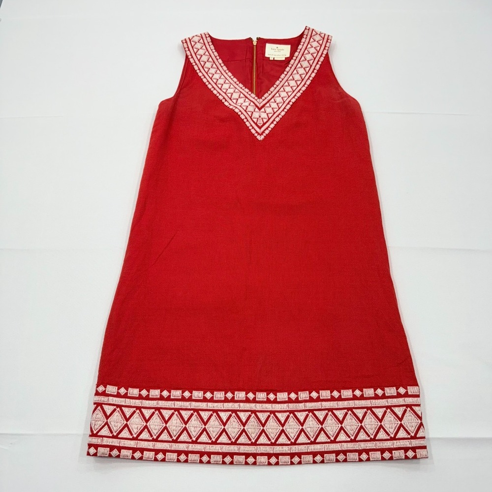 Kate‎ Spade Laureen Shift Dress Women 2 Red Embroidered Linen Sleeveless V-Neck